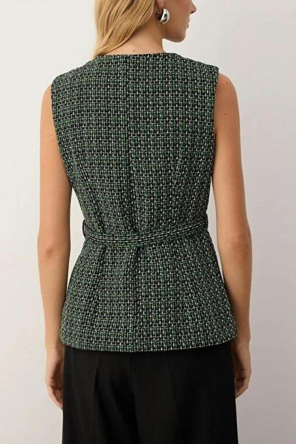 WOVCOR Woven Tweed Vest with Belt and Buttons