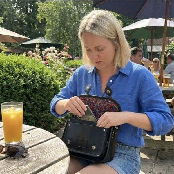 Zatchels Floral Lined Leather Midi Satchel - Navy