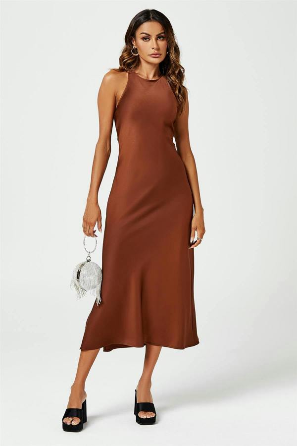 FS Collection Slim-Fit Satin Midi Dress In Brown