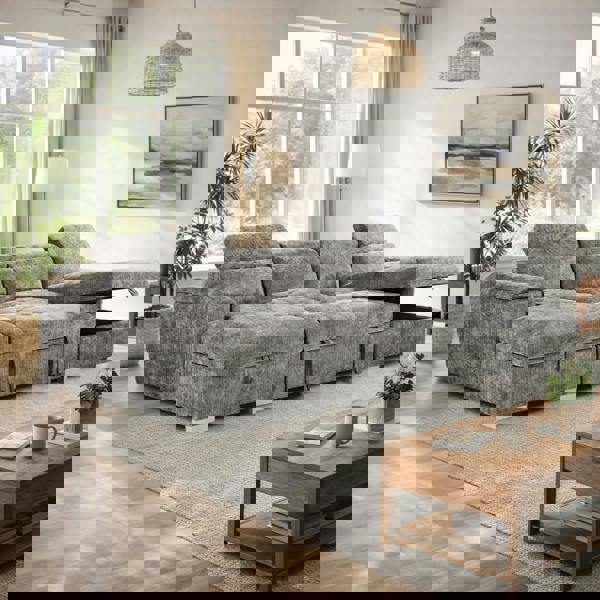 Furnishings For Less Alora 4–5 Seater Grey Fabric U-Shaped Sofa with Storage & Headrests