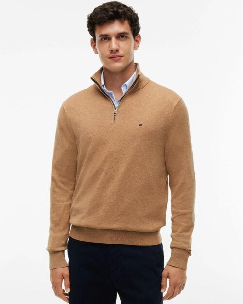 Tommy Hilfiger Organic Cotton Cashmere Mens Zip-Mock Sweater - Safari Canvas Heather