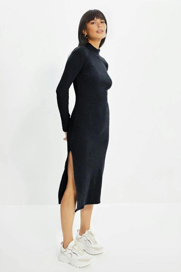 WOVCOR Crew Neck Midi Ribbed Stretch Knit Pencil Dress with Slit