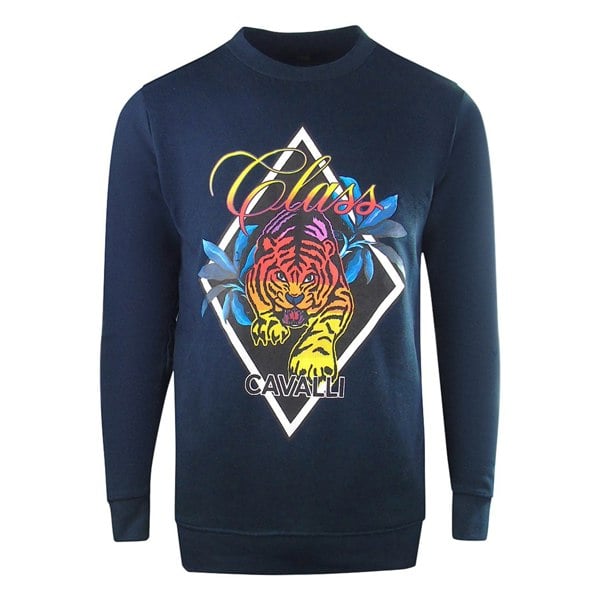 Cavalli Class Diamond Tiger Design Sweatshirt - Navy Blue