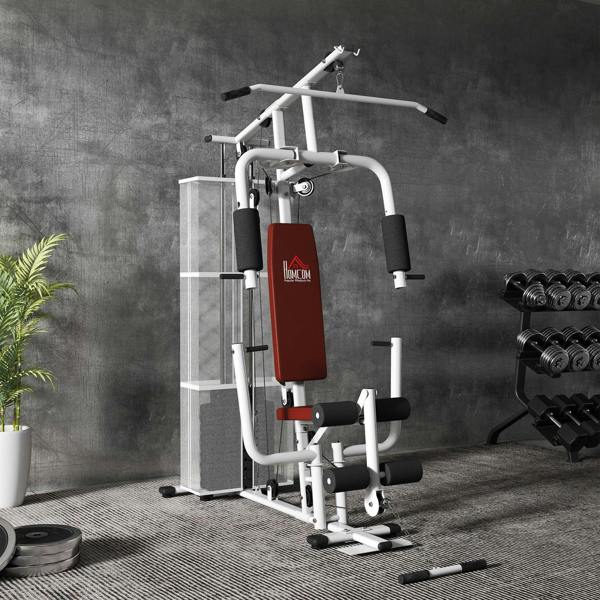 White cable gym with maroon lat pad, black arm pads, and standing frame with weight stack