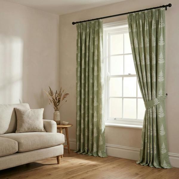 Fern made-to-measure curtains in Green, styled in a living room