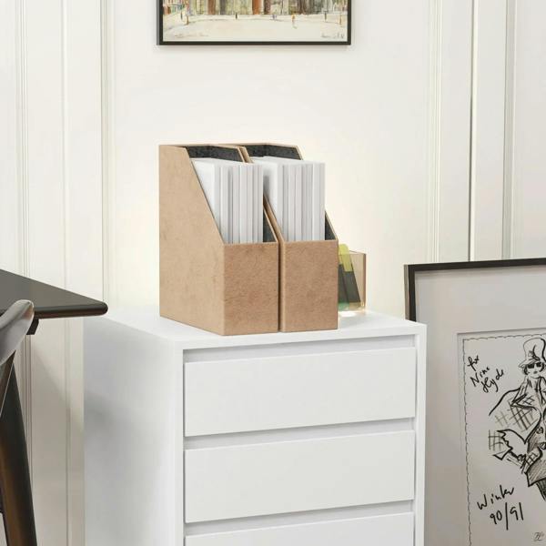 White four-drawer filing cabinet with top compartment holding paper folders