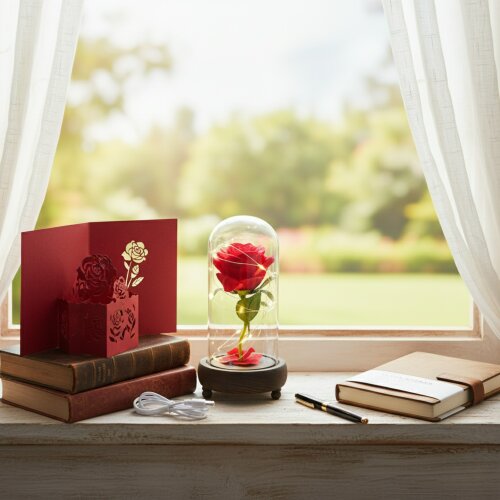 smartbies Enchanted Rose in Glass Gift set With Notebook USB Cable or Battery Powered