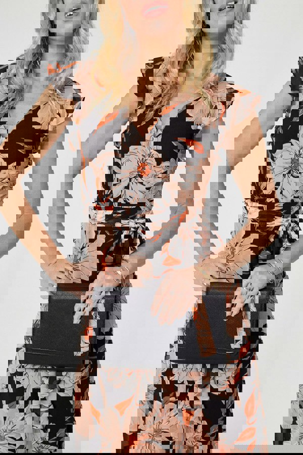 Black | Floral Frill Asymmetric Wrap Midi Dress
