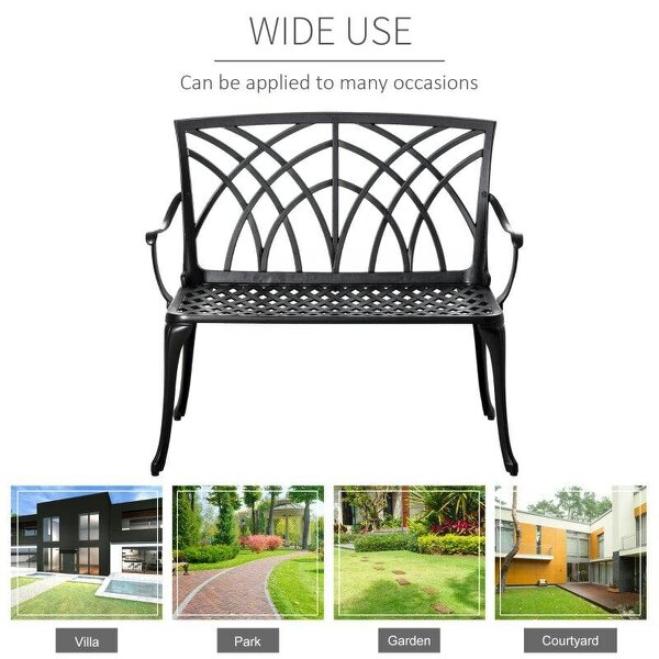 2-Seater Cast Aluminium Garden Bench Loveseat Outdoor Furniture Chair w/ Decorative Backrest & Ergonomic Armrest for Patio Terrace Porch