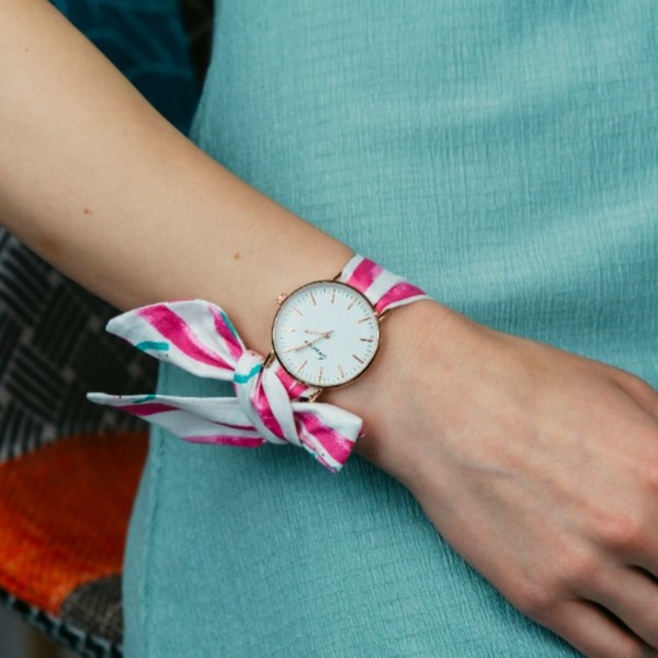 The Colourful Aura Blue Watermelon Print Cotton Tie Knot Strap Geneva Boho Wristwatch - Pink/Blue