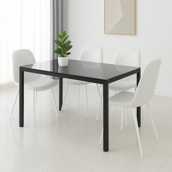 Kosy Koala Rectangle Glass Dining Table Set With 4 White Gem Pattern Chairs Dining Room Furniture