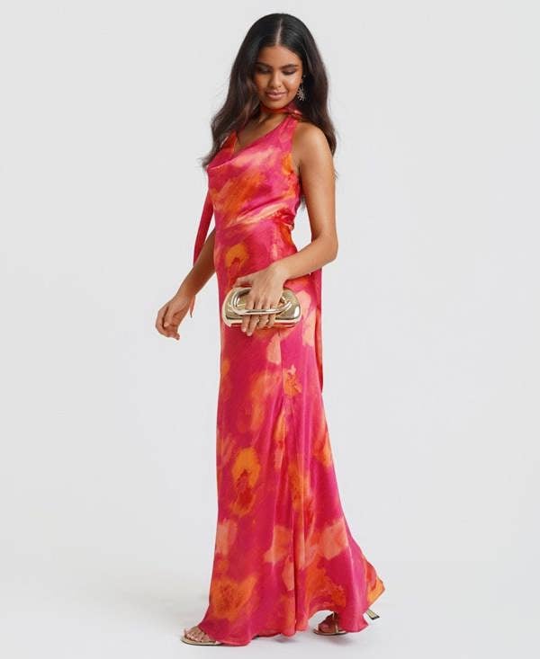 Needs No Label Pink Marble Scarf Neck Maxi Dress
