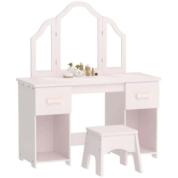 Kids Dressing Table, Kids Vanity Table and Chair Set with Tri-Folding Mirror, 2 Drawers, 2 Cabinets for Girls 3+, Pink