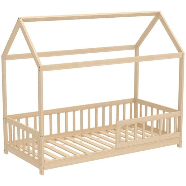 Kids house-shaped bed frame in natural pine wood with guard rails and slatted base