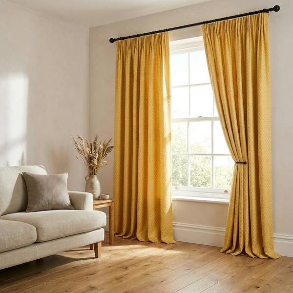 Sicily made-to-measure curtains in Gold, styled in a living room