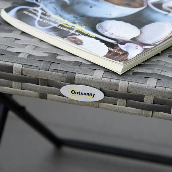 Grey wicker weave tabletop detail with Outsunny oval logo on edge