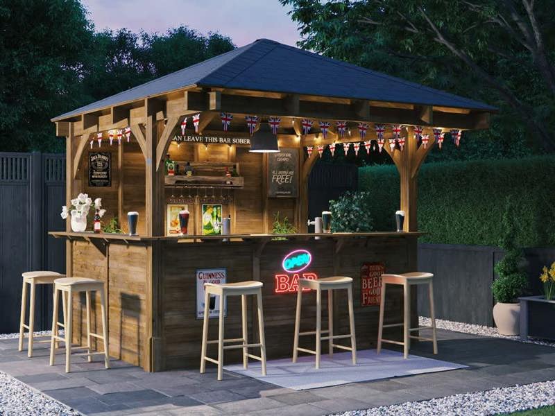 Dunster House Garden Bar 3 x 3 metres Wooden Outdoor Pub Shed Gazebo Leviathan Black Shingles (Back Walled)