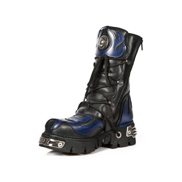 New Rock Unisex Black/Blue Leather Gothic Biker Skull Boots-107-C5