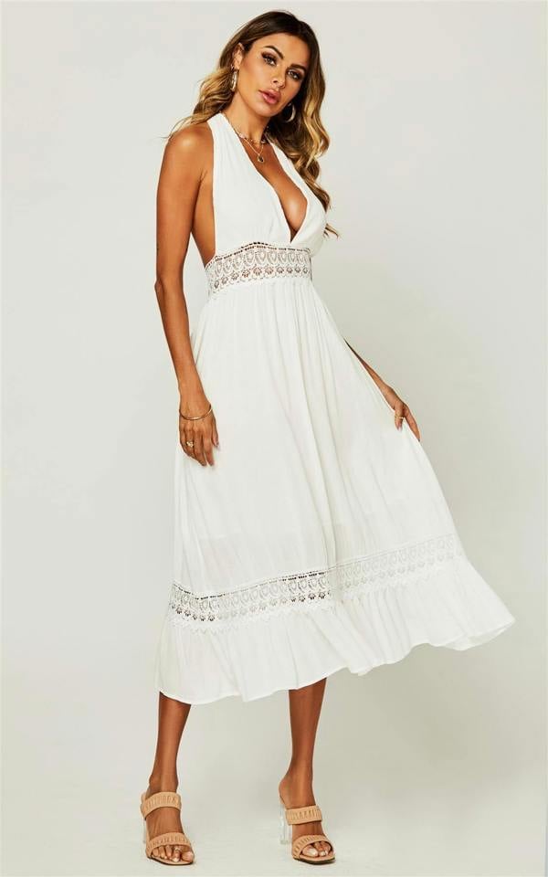 FS Collection V Neck Back Tie Detail Lace Midi Dress In Ivory White