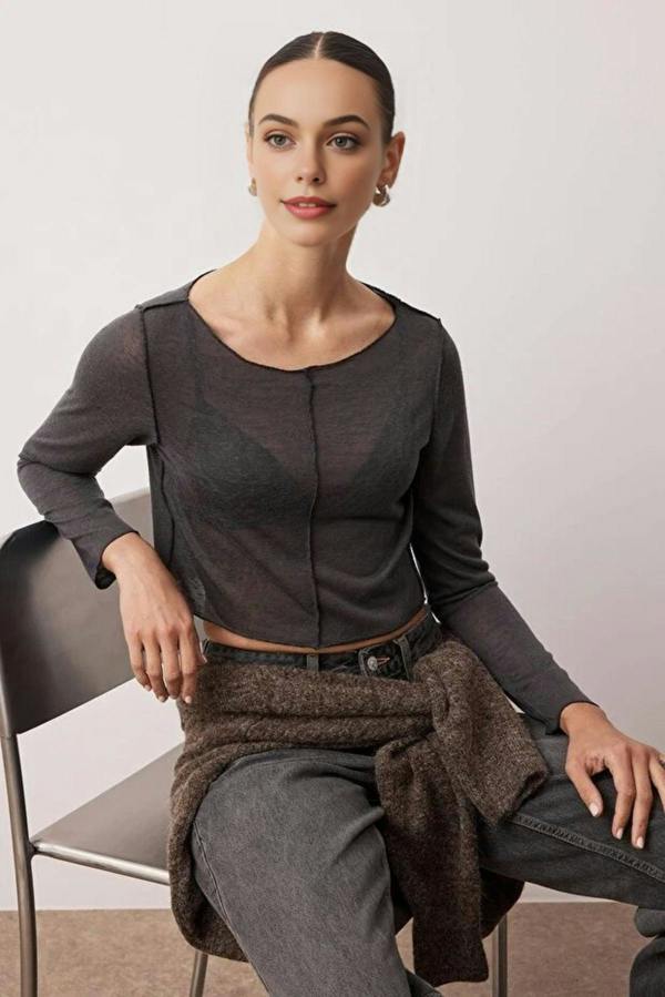 WOVCOR Transparent Ribbed Crop Knit Blouse