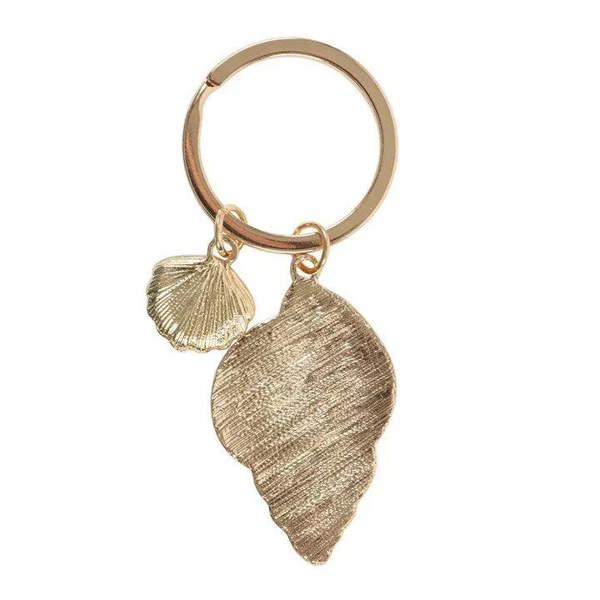 Gold-tone ring keychain with textured gold shell charm