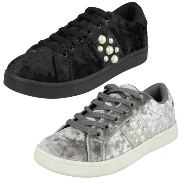 Spot On Ladies Spot On Pearl Trim Velvet Lace Up Pumps F80353