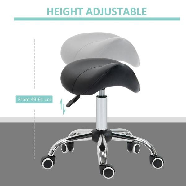 Height-adjustable black saddle stool with swivel base and caster wheels