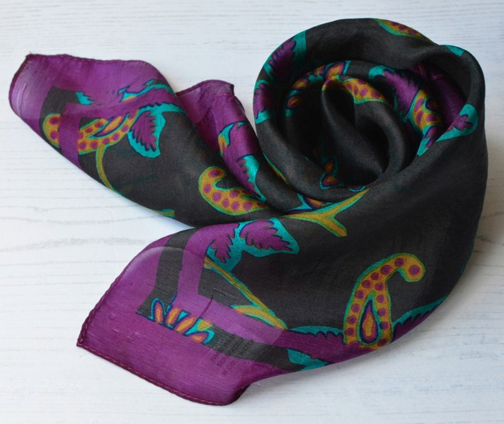 Antonia York Silk Scarf Black and Purple Square Chiffon Scarf with Floral Paisley Vine Print