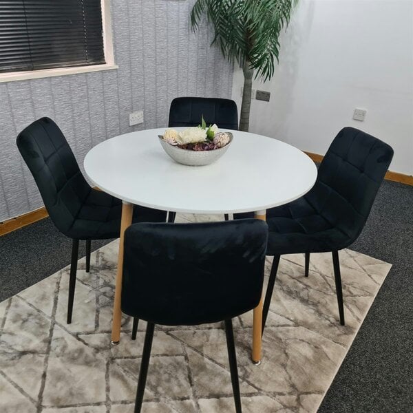 Kosy Koala Dining Table and 4 Chairs  White Round Wood Table 4 Black Velvet Chairs Dining Room Furniture