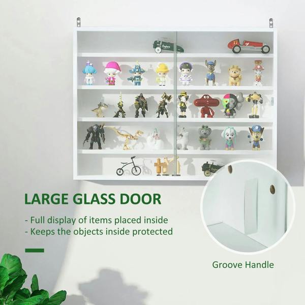 White glass-door display cabinet with groove handle and multiple interior shelves