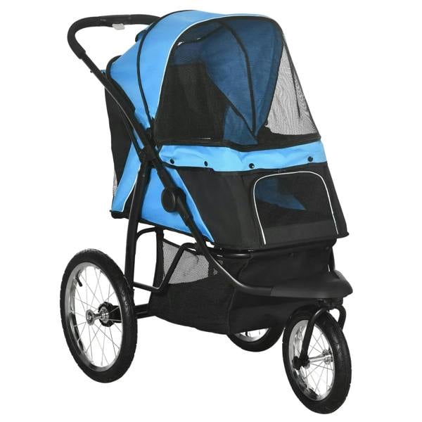 Blue and black three-wheel foldable pet stroller with mesh canopy and front door
