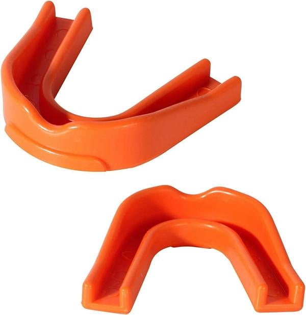 Orange Optimum Multi-X mouthguard, two views showing side and top-down U-shape, on white - Optimum