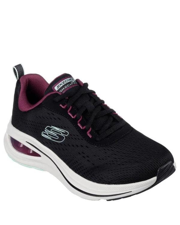 Skechers Skech Air Meta Aired Out Womens Lace Up Casual Trainers, black and pink athletic sneakers with cushioned sole and breathable mesh upper.