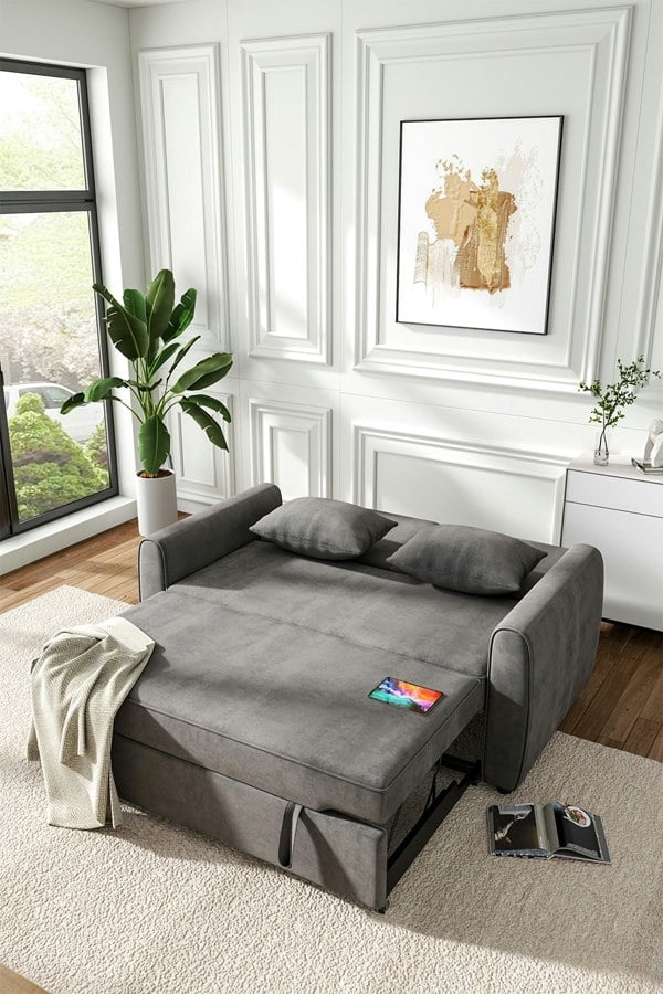 Living and Home 2 Seater Linen Convertible Sofa Pull Out Sofa Bed with Pillows