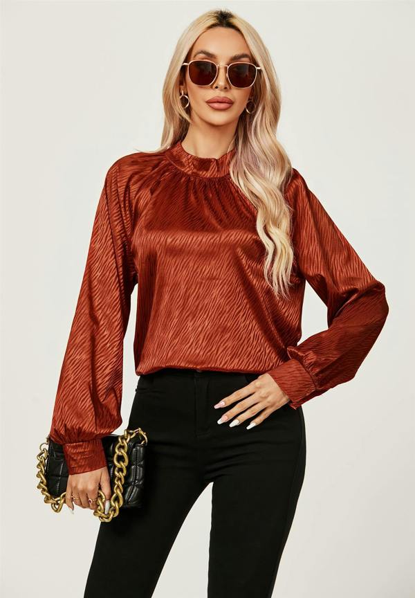 FS Collection Halter Neck Satin Long Sleeve Blouse Top In Copper Red