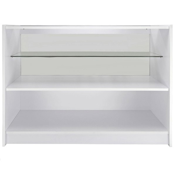C1200 retail shop counter in brilliant white, featuring a sleek design with two spacious shelves and a glass display top