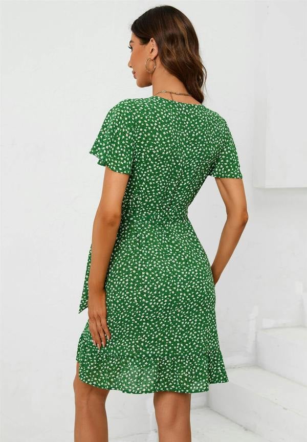 FS Collection Floral Print Mini Wrap Dress In Green
