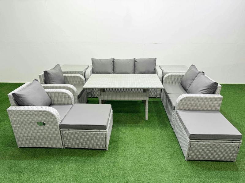 Fimous PE Rattan Garden Furniture Set, Reclining Sofa, Double Love Seat, 2 Seater Lounge, Dining Table, 2 Big Footstool, 2 Side Table, Light Grey
