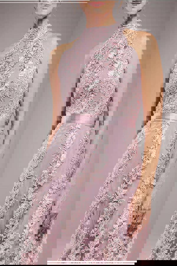 Halter Neck Lace High And Low Dress - Blush Pink DR3346M