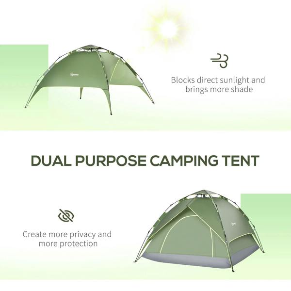Green dome camping tent with open entry, mesh panels, and gray floor