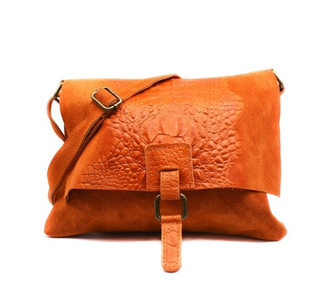 Kitise Italian Soft Suede Leather Croc Skin Pattern Flap Over Small  Cross Body Bag