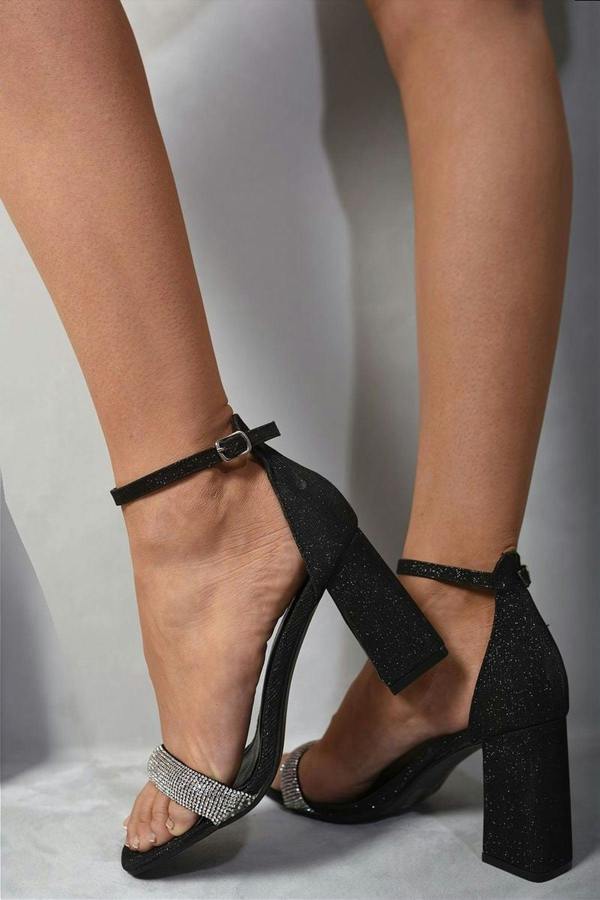 Vivian Rhinestone Ankle Strap Block High Heels - Black