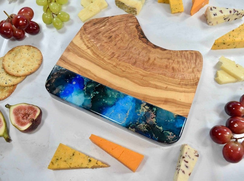 Blue Gold Cheese Board Olive Wood - 5th Wedding Anniversary Gift Ideas