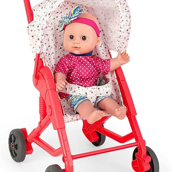 deAO Toys Baby Doll Stroller Set Pushchair Doll Playset with Soft Smooth 13 Inch New-born Realistic Doll Great Nurturing Nursery Role Play Set