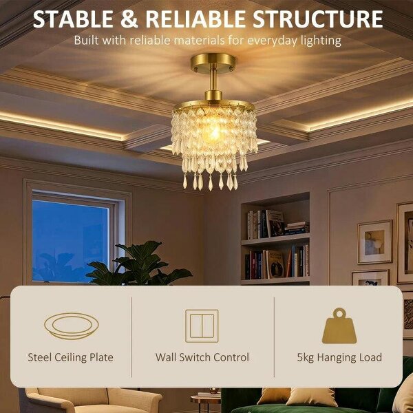 Crystal Ceiling Light with 57 Crystal Strands, Ceiling Light with Mounting Plate for Hallway, Gold Tone