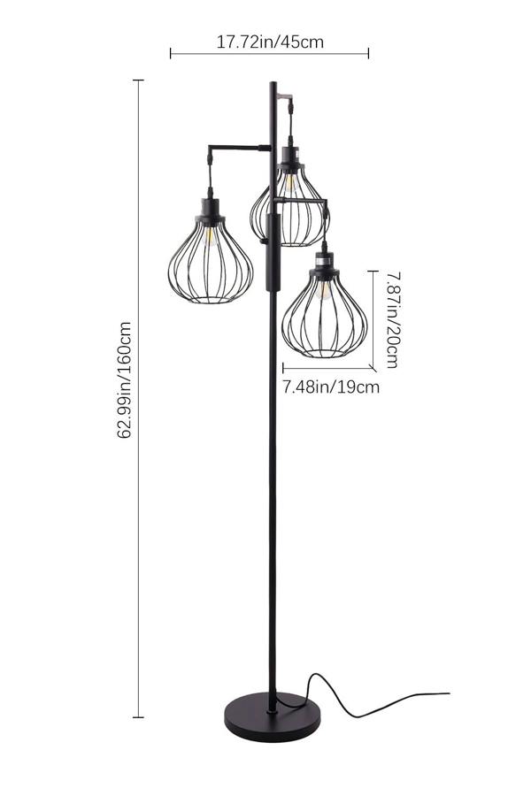 Living and Home Modern Industrial Black 3-Head Floor Lamp with Lantern Style Shade