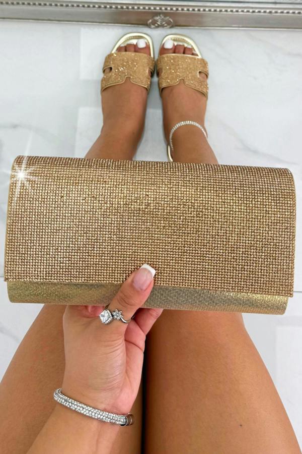 Crystal Sparkle Clutch Bag Gold featuring shimmering sparkle detailing for a glamorous evening finish.