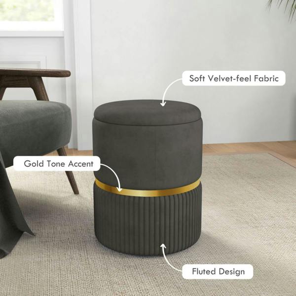 Dyzi Round Storage Pouffe Footstool Cushioned Velvet Seat Grey