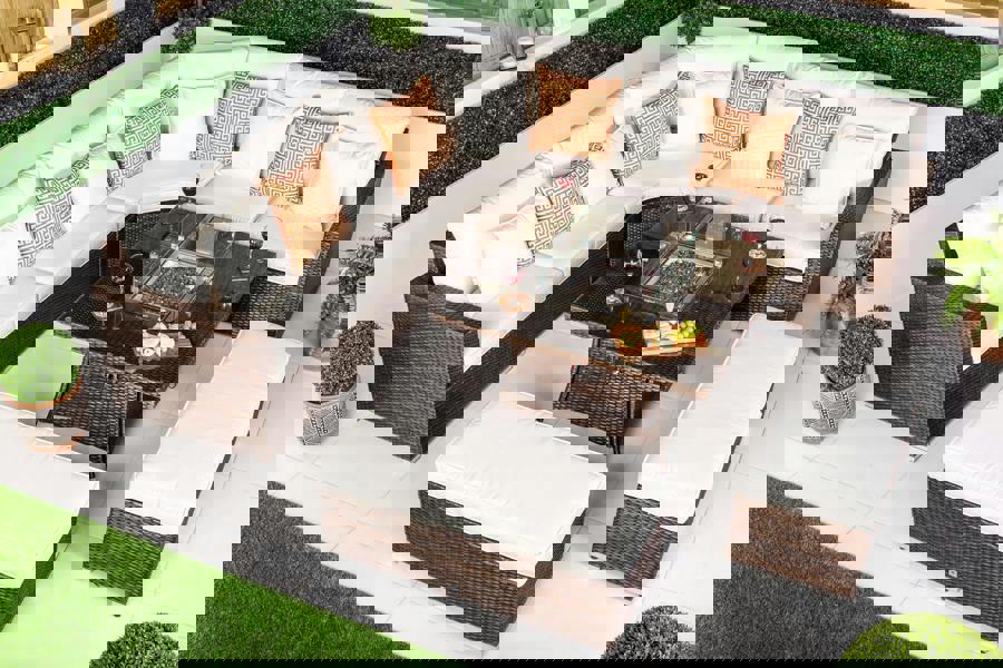 Giardino Santorini 5 Seat Modular Corner Sofa Rattan Garden Furniture Set Outdoor Fire Pit Coffee Table & 2 Benches