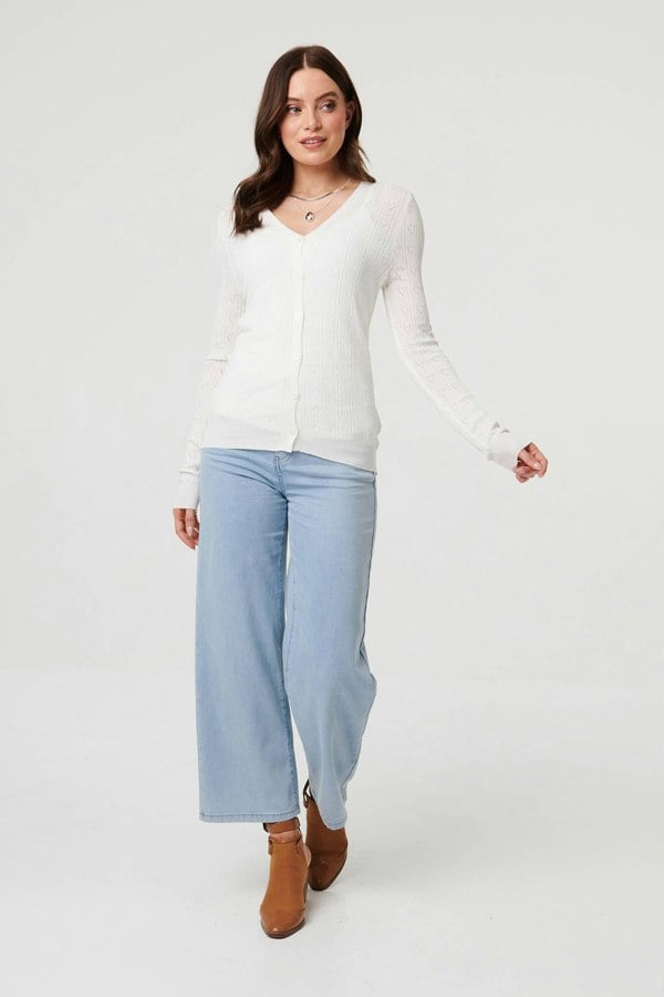 White | Semi Sheer Heart Textured Slim Cardigan
